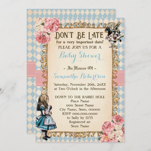 Alice in Wonderland Pink Flowers Baby Shower 招待状 (正面/裏面)