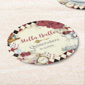 Alice in Wonderland Red Floral Birthday Tea Party ラウンドペーパーコースター (アングル)
