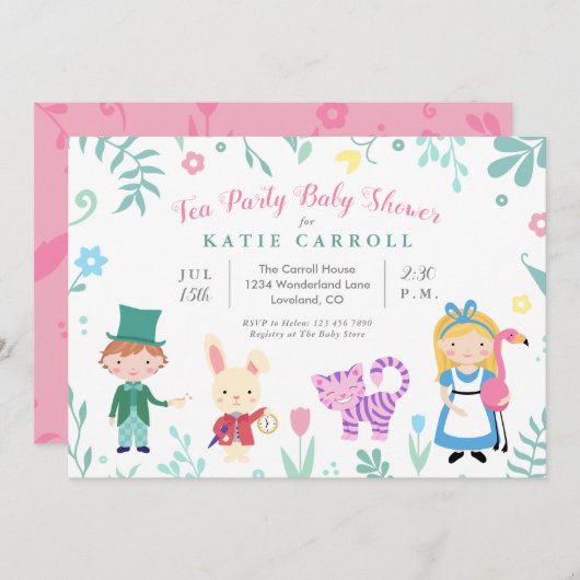 Alice in Wonderland Tea Baby Shower 招待状 (正面/裏面)