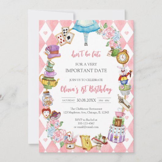 Alice in Wonderland Tea Party Birthday Invitation 招待状 (正面)