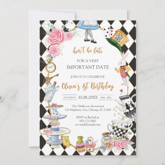 Alice in Wonderland Tea Party Birthday Invitation 招待状 (正面)