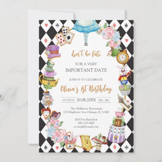 Alice in Wonderland Tea Party Birthday Invitation 招待状 (正面)