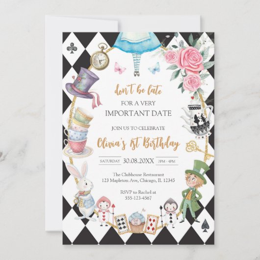 Alice in Wonderland Tea Party Birthday Invitation 招待状 (正面)