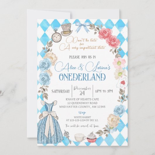 Alice in Wonderland, Twin Girls 1st Birthday Tea 招待状 (正面)