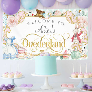 Alice's Onederland girl first birthday backdrop 横断幕