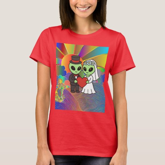 Alien Bride and Groom Retro Neon Galactic Wedding  Tシャツ (正面)