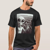 Alien Cat Funny Black and White Selfie UFO Peace S Tシャツ (正面)