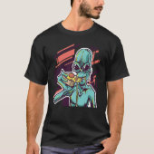 Alien Eating Pizza Modern UFO Martian Tシャツ (正面)