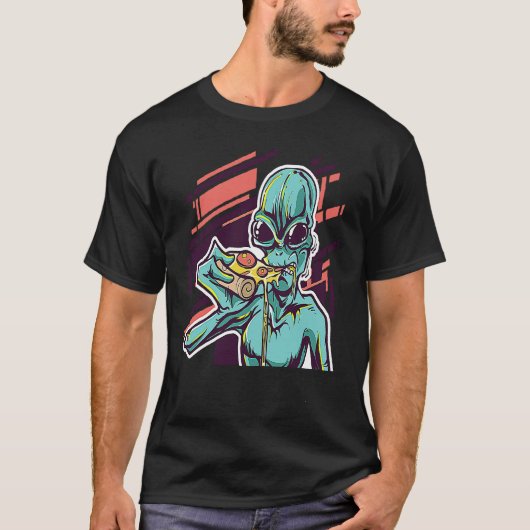 Alien Eating Pizza Modern UFO Martian Tシャツ (正面)