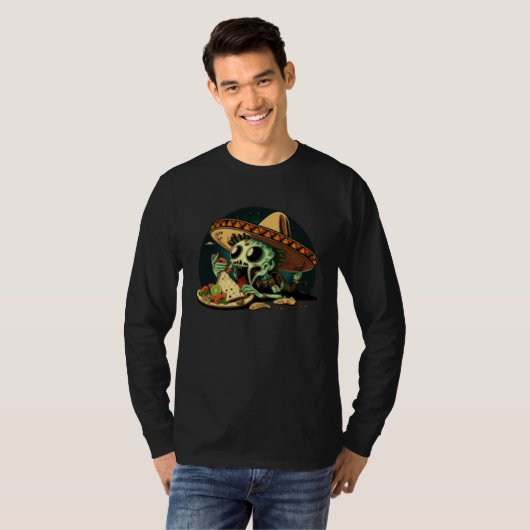 Alien Eating Taco Mexican Sombrero UFO Cinco de Ma Tシャツ (正面フル)