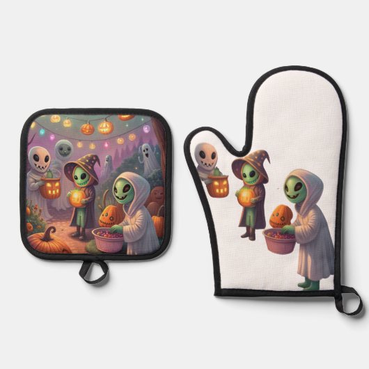 Alien Feast | Weird Sci-Fi Christmas Art 鍋つかみ&鍋敷きセット (正面)