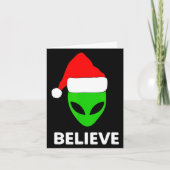 Alien Green Face Christmas Santa Hat Believe  カード (正面)