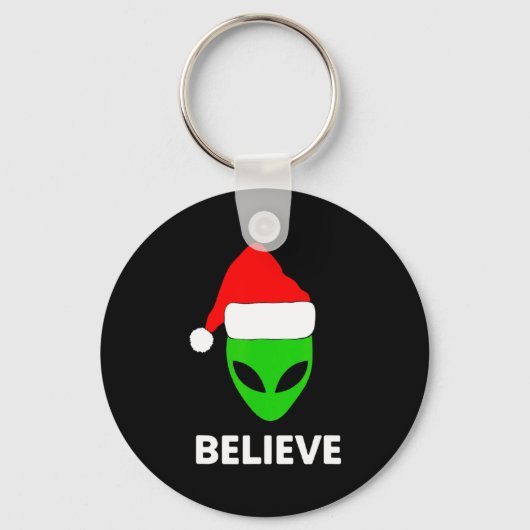 Alien Green Face Christmas Santa Hat Believe  キーホルダー (正面)