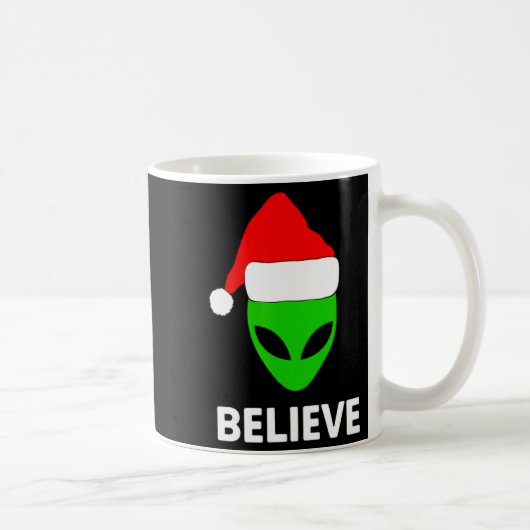 Alien Green Face Christmas Santa Hat Believe コーヒーマグカップ (右)