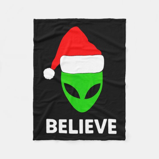 Alien Green Face Christmas Santa Hat Believe  フリースブランケット (正面)