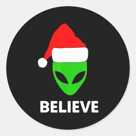 Alien Green Face Christmas Santa Hat Believe  ラウンドシール (正面)