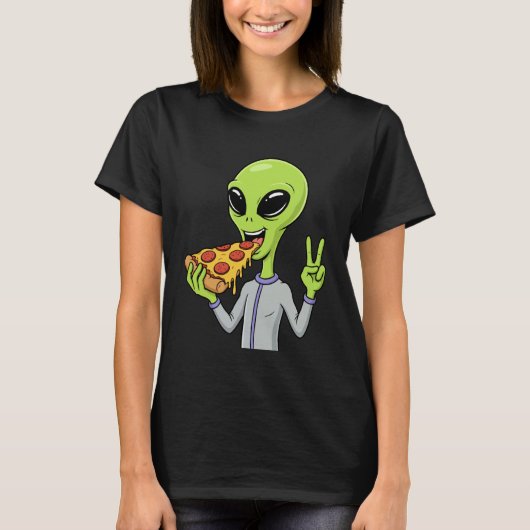Alien Head Eating Pizza UFO Extraterrestrial Snack Tシャツ (正面)