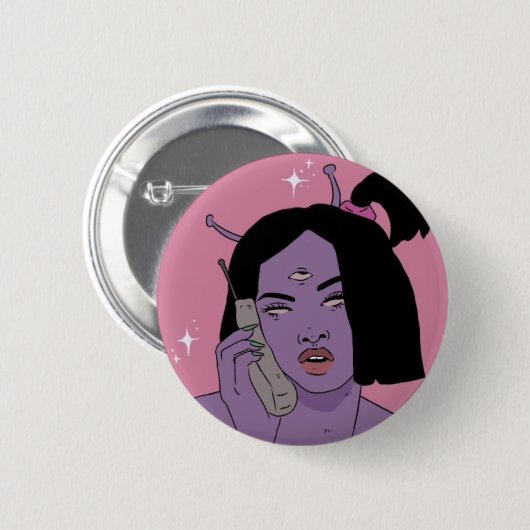 Alien on phone button 缶バッジ (正面&裏面)