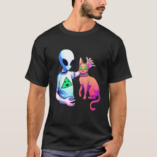 Alien Petting A Cat Alien Ufo  Cat Kids Men Women Tシャツ (正面)