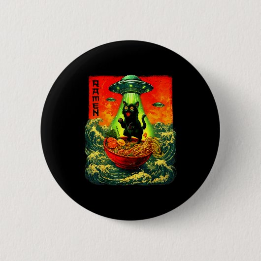 Alien Ramen Cat Ufo Japanese Retro Art Gifts Men W 缶バッジ (正面)