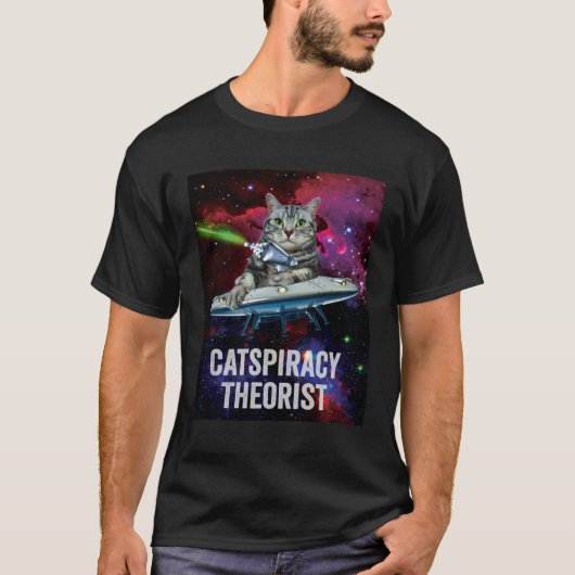 Alien Space Cat UFO Catspiracy Theorist Tシャツ (正面)