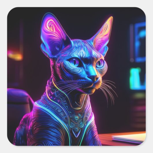 Alien Sphinx Cat Sits In his Captain's Chair スクエアシール (正面)