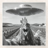 Alien UFO Chicken Art Abduction SciFi Humor ガラスコースター (正面)