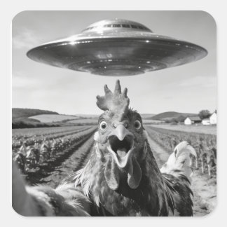 Alien UFO Chicken Art Abduction SciFi Humor スクエアシール