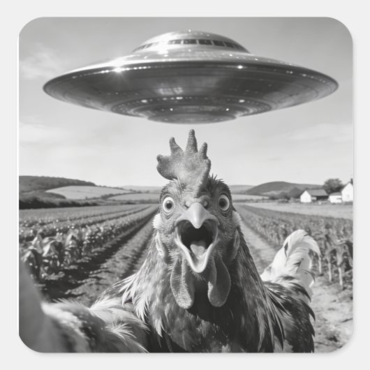 Alien UFO Chicken Art Abduction SciFi Humor スクエアシール (正面)