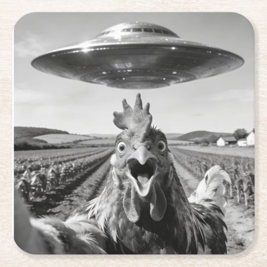 Alien UFO Chicken Art Abduction SciFi Humor スクエアペーパーコースター (正面)