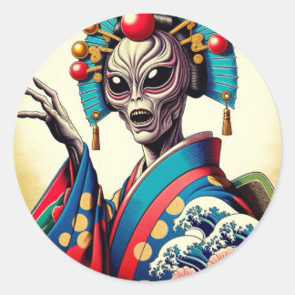 Alien wearing a Japanese kimono シール ラウンドシール
