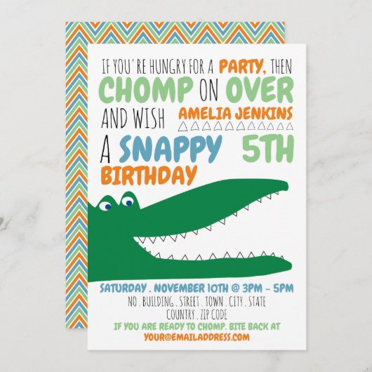 Aligator Chomp、Chevron Birthday Partyへの招待 招待状 (正面/裏面)