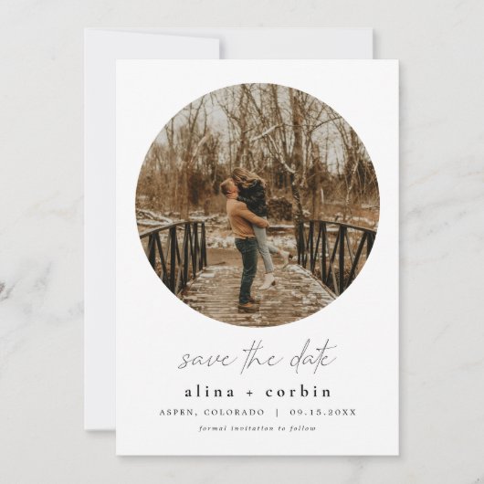 ALINAミニマモダンリストのラウンドフォト日付を保存 招待状 (正面)