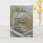 Alishaの白いバラの名前の詩の挨拶状 カード (黄色い花)