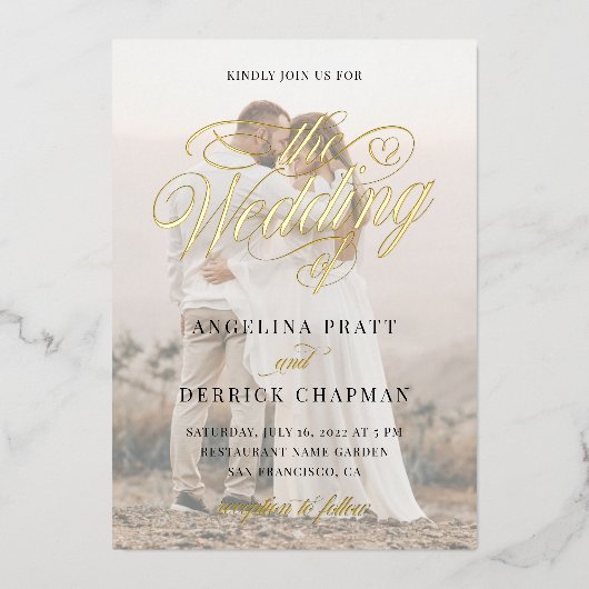 All エレガント in カスタム One Photo Cligraphy金ゴールド 箔招待状 (正面)