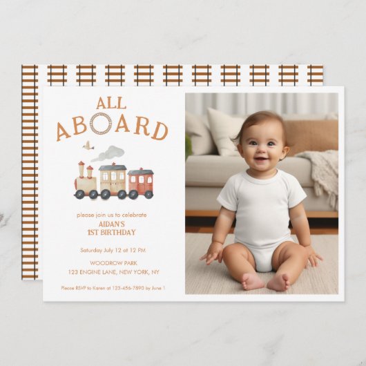 All Aboard Any Age Trainフォト誕生日 招待状 (正面/裏面)