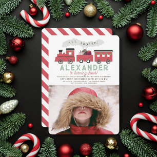 All Aboard Christmas Train子供の誕生日写真 招待状
