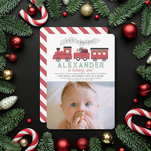 All Aboard Christmas Train 1st Birthday Photo 招待状