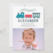 All Aboard Steam Train Blue Boy誕生日写真 招待状 (正面)