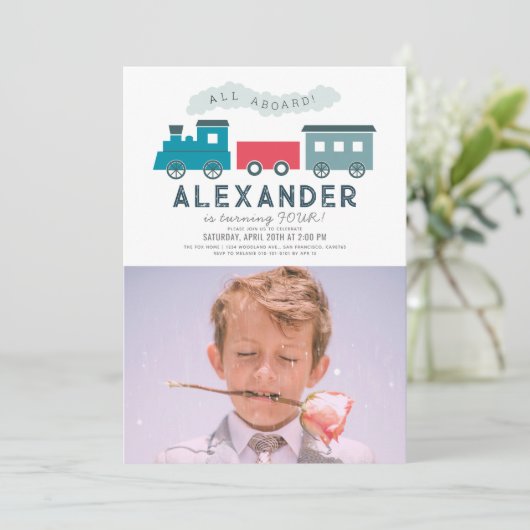 All Aboard Steam Train Blue Boy誕生日写真 招待状 (スタンド正面)