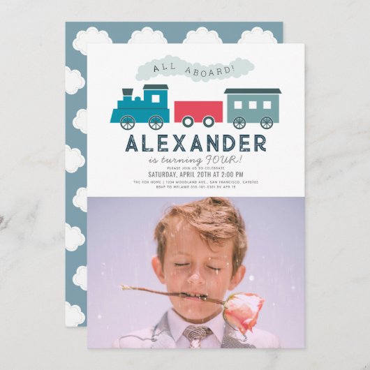 All Aboard Steam Train Blue Boy誕生日写真 招待状 (正面/裏面)