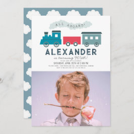 All Aboard Steam Train Blue Boy誕生日写真 招待状