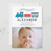 All Aboard Steam Train Blue Boy 1st Birthday Photo 招待状 (正面)