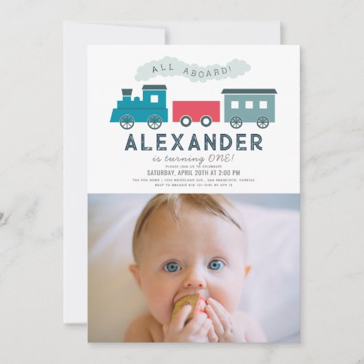 All Aboard Steam Train Blue Boy 1st Birthday Photo 招待状 (正面)