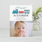 All Aboard Steam Train Blue Boy 1st Birthday Photo 招待状 (スタンド正面)