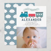 All Aboard Steam Train Blue Boy 1st Birthday Photo 招待状 (正面/裏面)