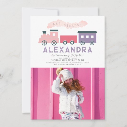 All Aboard Train Pink Girl誕生日写真 招待状 (正面)