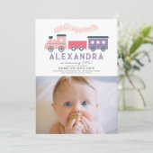 All Aboard Train Pink Girl 1st Birthday Photo 招待状 (スタンド正面)