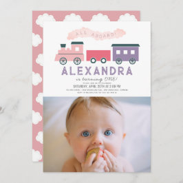 All Aboard Train Pink Girl 1st Birthday Photo 招待状