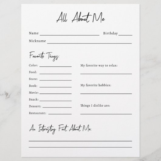 All About Me Survey (正面)